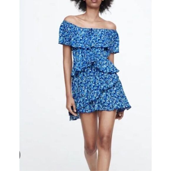 Zara Pants - Zara Tiered Blue Floral Off the Shoulder Jumpsuit Romper MEDIUM Preppy Ruffles